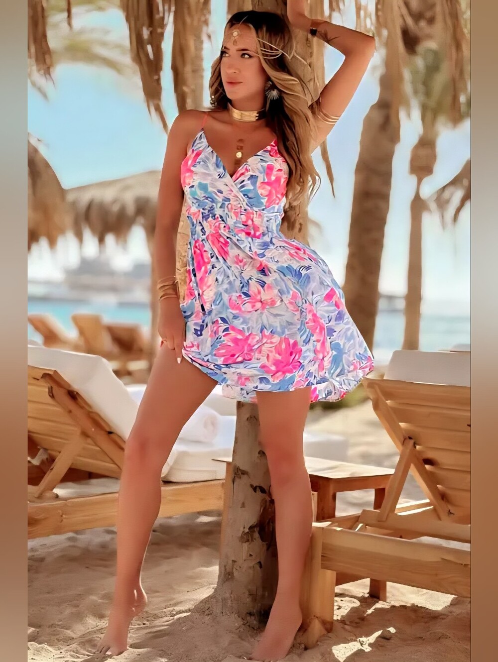 Pink And Blue Floral V-Neck Mini Dress